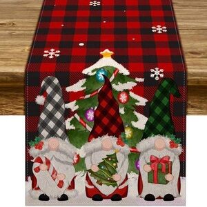 NWT- Red & Black Buffalo Check- Christmas Gnomes Holiday Table Runner 72x13